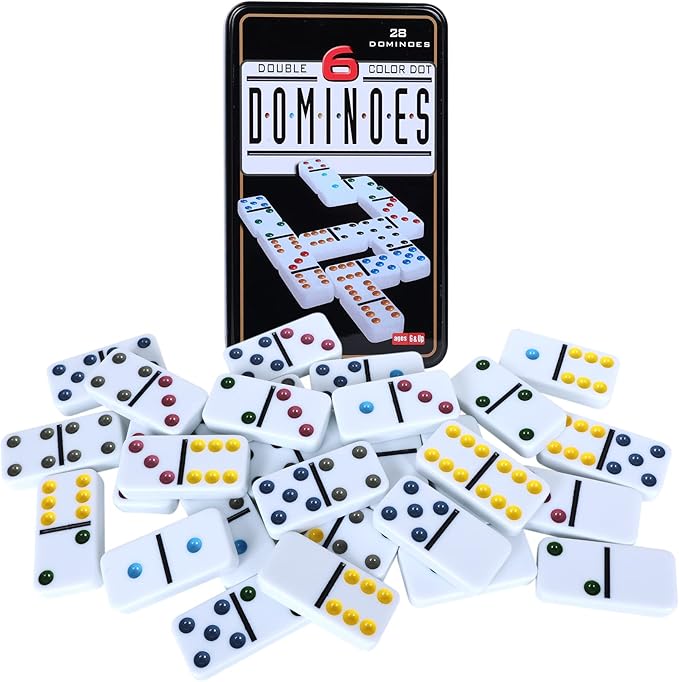 Double Six Dominoes, 28 Tile Colored Dots Domino Game Set with Tin Box, Classic Family Board Games for Kids, Adults and Families for 2-4 Players