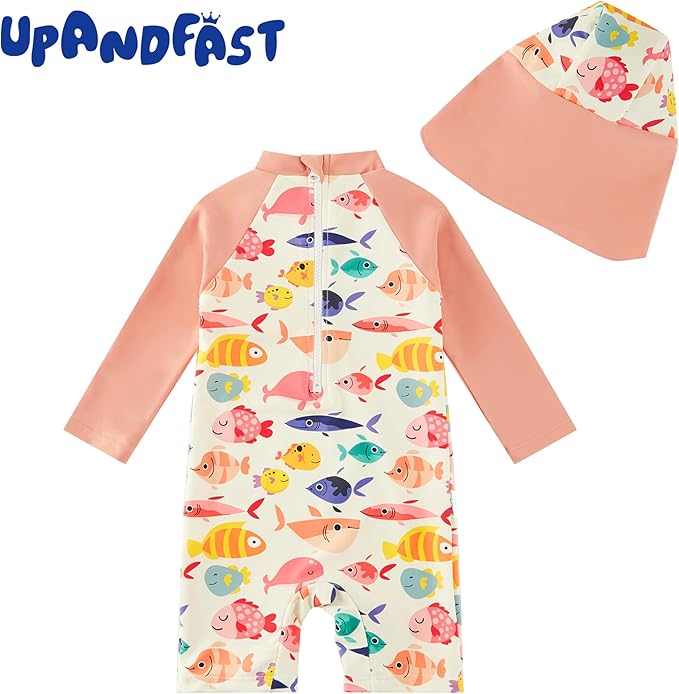 upandfast Baby/Toddler Swimsuit UPF 50+ Sun Protection One Piece Zipper Bathing Suit with Sun Hat Infant Beach Swimwear