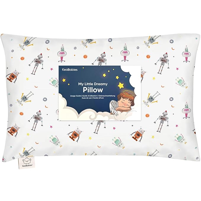 Toddler Pillow with Pillowcase - 13x18 My Little Dreamy Pillow, Organic Cotton Toddler Pillows for Sleeping, Kids Pillow, Travel Pillows, Mini Pillow, Nursery Pillow, Toddler Bed Pillow (Robo Pals)