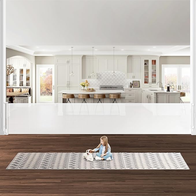 175 Inch Retractable Baby Gates Extra Wide 33" Tall Child Gates for Wide Openings, Large Pet Gates for Dogs Extra Wide Toddler Gates for Large Openings Extra Long Dog Gate for Indoor Outdoor (White)