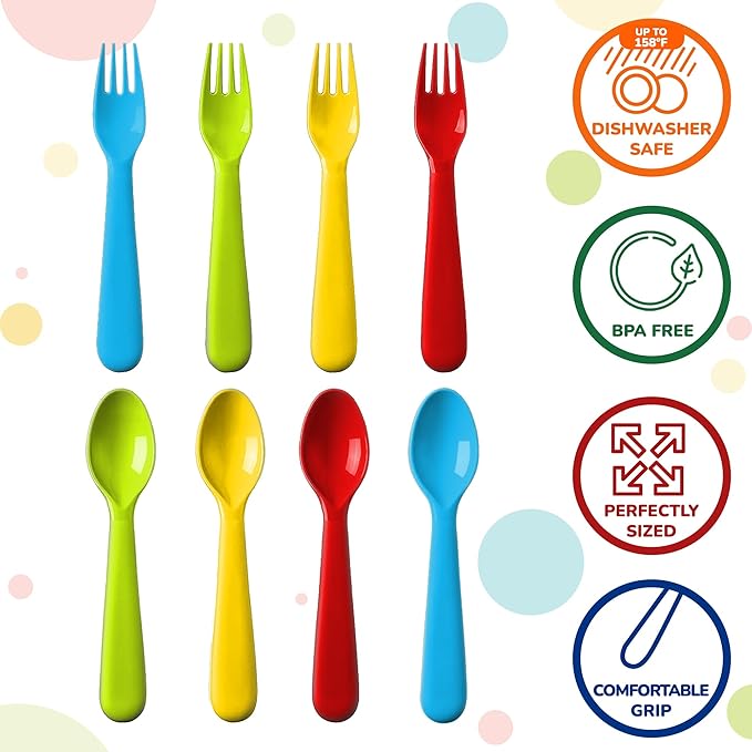 16 Pcs Plastic Toddler Utensils Set 8 Kids Forks and 8 Kids Spoons BPA Free/Dishwasher Safe Toddler Silverware Brightly Colored Kid Plastic Cutlery Set, Great for Kids and Toddlers Utensils