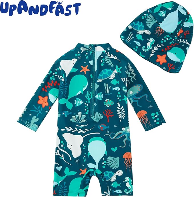 upandfast Baby/Toddler Swimsuit UPF 50+ Sun Protection One Piece Zipper Bathing Suit with Sun Hat Infant Beach Swimwear