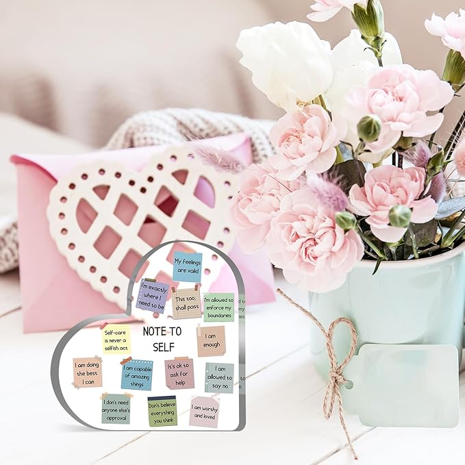 Note to Self Motivational Decor - Office Acrylic Heart Gift Therapy Mental Health Print Decorations for School Counseling Office Therapy Desktop Art Decoration - School Counselor, Therapist Office Gifts