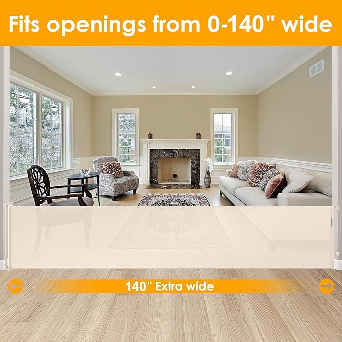 140 Inch Extra Wide Baby Gate Retractable Dog Gates for The House Extra Wide Dog Gates Extra Long Baby Gates Extra Large Dog Gates for Large Openings Outdoor Indoor Retractable Baby Gates (Beige)