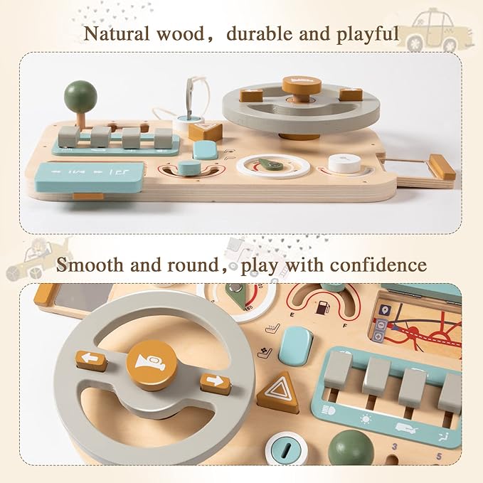 Wooden Montessori Steering Wheel Sensory Activity Board for 1-4 Year Olds, Fine Motor Skills, Travel Busy Board Educational Toys for Boys and Girls