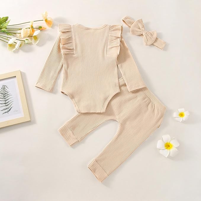 Baby Girl Clothes Newborn Infant Fall Winter Outifts Ribbed Ruffle Long Sleeve Romper Pant Outfit Set 3pcs 0-18Months