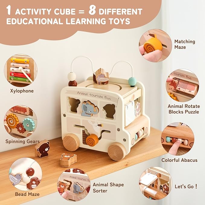 Wooden Activity Cube 8-in-1 Montessori Toys | Multifunctional Early Educational Learning Toys | Activity Cube for Baby Shape Sorter Xylophone Animal Travel Bus Toys Boy Girl Birthday Gift(Beige Bus)