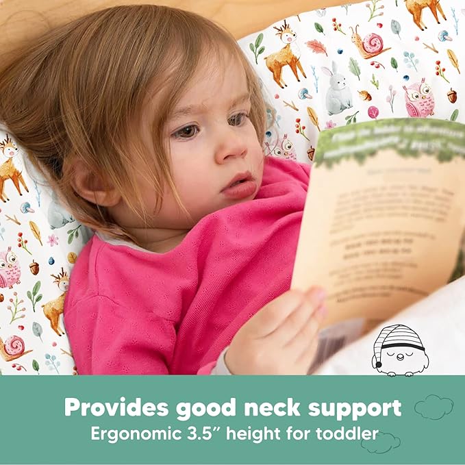 Toddler Pillow with Pillowcase - 13x18 My Little Dreamy Pillow, Organic Cotton Toddler Pillows for Sleeping, Kids Pillow, Travel Pillows, Mini Pillow, Nursery Pillow, Toddler Bed Pillow (Forestland)