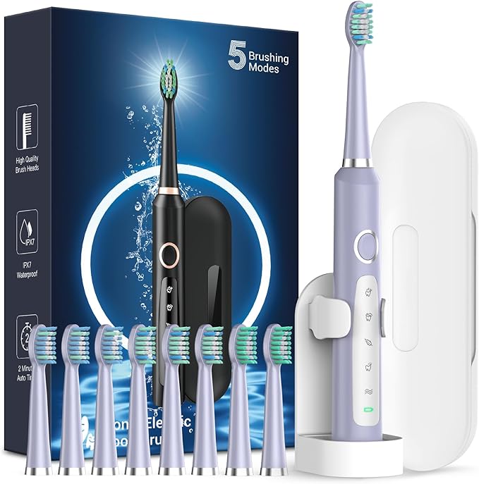 Rtauys M5 Sonic Electric Toothbrush for Adults and Kids - Rechargeable Electric Toothbrush Kids Ages 12+ and Adults with 8 Brush Heads & Travel Case, 120 Days Battery Life - Light Purple