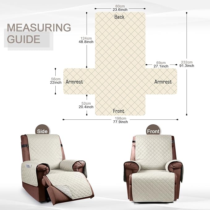 KinCam 100% Waterproof Recliner Chair Cover, Reclining Couch Covers for Pets, Dogs, Recliner Couch Slipcover Furniture Protector with Elastic Straps for Kids(23.6", Ivory)