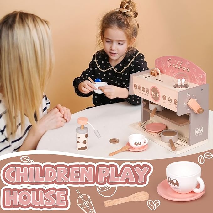 Kids Wooden Coffee Maker Playset Espresso Machine Playset with Grinder Toddler Pretend Play Montessori Kitchen Accessories Realistic Kitchen Toy,Gift for Toddler Boys & Girls