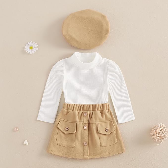 Fernvia Toddler Baby Girl Fall Winter Skirt Set Turtleneck Ribbed Long Sleeve T-Shirt Top & Plaid Skirts Dress 2Pcs Outfits