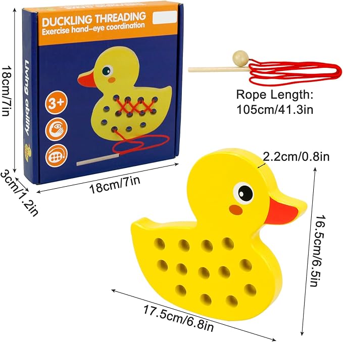 Sealive Wooden Lacing Toys for Toddlers, Educational and Learning Montessori Fine Motor Skill Toys, Perfect Toddler Travel Toys, Early Learning Development for Kids (Duck)
