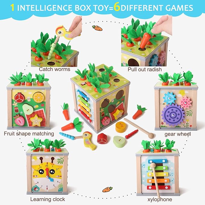 BESTAMTOY 6 in 1 Wooden Activity Cube,Montessori Baby Toys for 3 Year Old, Sorting & Stacking Board, Montessori Early Educational Toys, Boy and Girl Birthday Gift