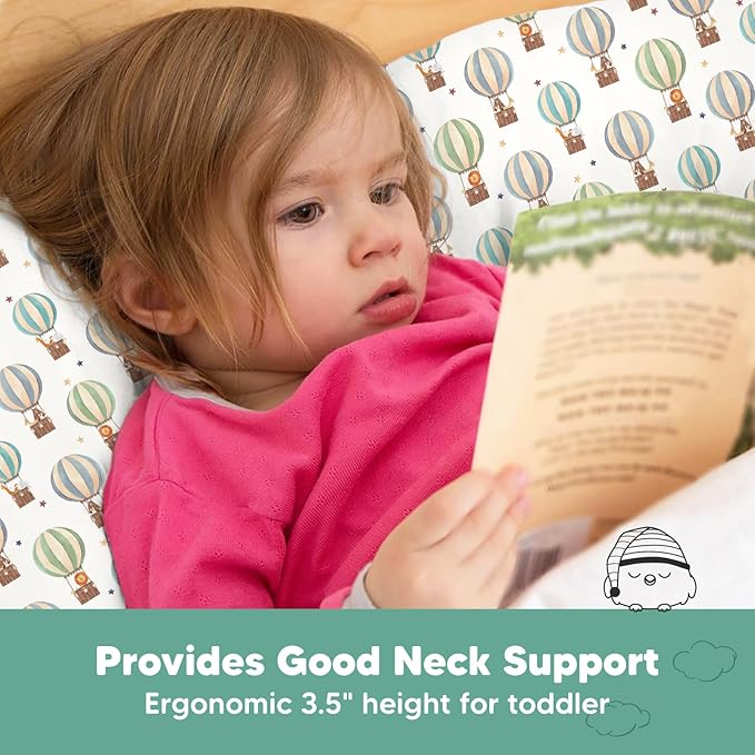 Toddler Pillow with Pillowcase - 13x18 My Little Dreamy Pillow, Organic Cotton Toddler Pillows for Sleeping, Kids Pillow, Travel Pillows, Mini Pillow,Nursery Pillow,Toddler Bed Pillow(Hot Air Balloon)