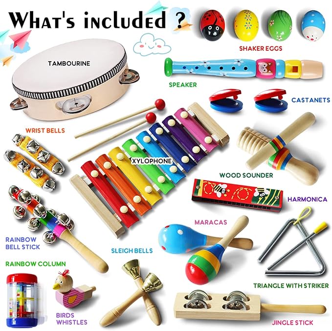 LOOIKOOS Toddler Musical Instruments,Wooden Percussion Instruments Toy for Kids Baby Preschool Educational Musical Toys Set for Boys and Girls with Storage Bag