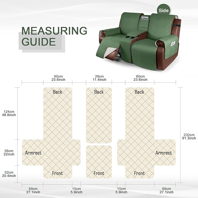 KinCam 100% Waterproof Recliner Loveseat Cover with Console, Non-Slip Reclining Couch Covers for 2 Seat, Recliner Sofa Cover Furniture Protector with Elastic Straps for Kids, Pets, Vine Green