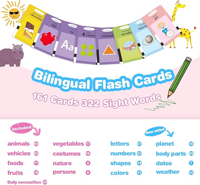 161 Cards Spanish Flash Cards for Kids,Bilingual Flash Cards for Toddler/Beginning - ABC,Numbers,Colors,Shapes Español/English Talking Flash Cards for Preschool,Kindergarten,Ages 1-8