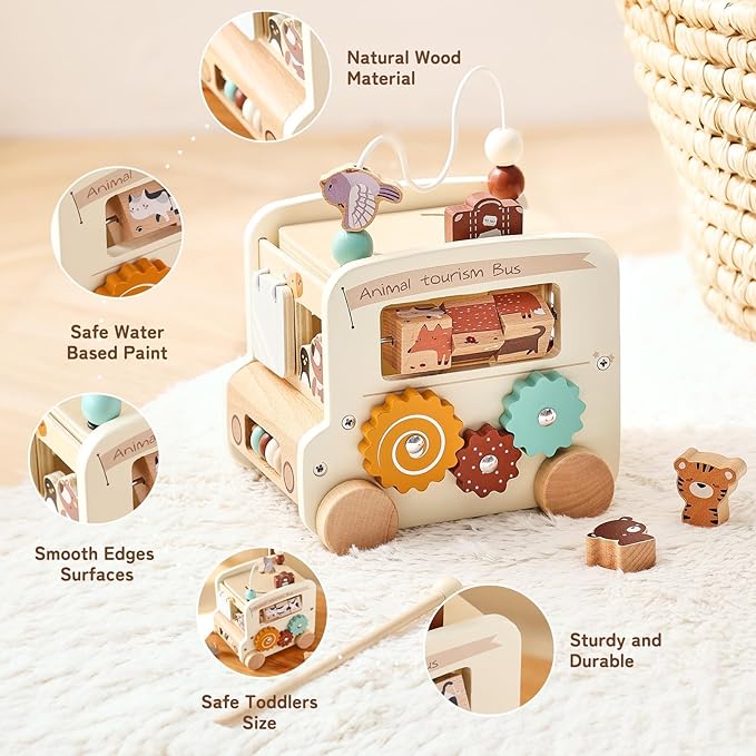 Wooden Activity Cube 8-in-1 Montessori Toys | Multifunctional Early Educational Learning Toys | Activity Cube for Baby Shape Sorter Xylophone Animal Travel Bus Toys Boy Girl Birthday Gift(Beige Bus)