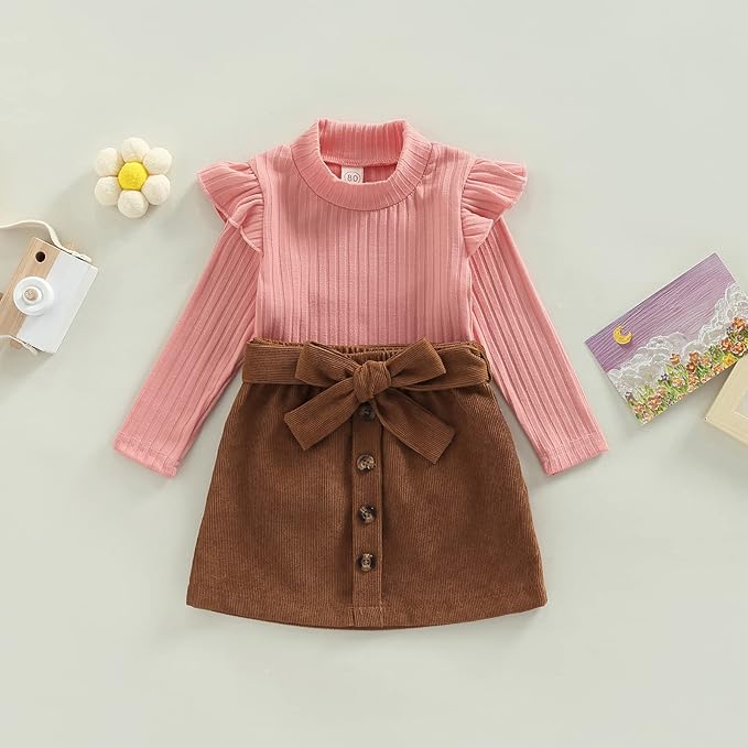 Fernvia Toddler Baby Girl Fall Winter Skirt Set Turtleneck Ribbed Long Sleeve T-Shirt Top & Plaid Skirts Dress 2Pcs Outfits