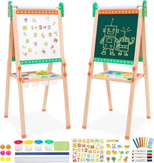 Kids Wooden Easel Foldable Double Sided Whiteboard Blackboard Children Art Easel with Storage, Height Adjustable Easel for Boys Girls Painting and Writing with Gift Packs (Green robot)