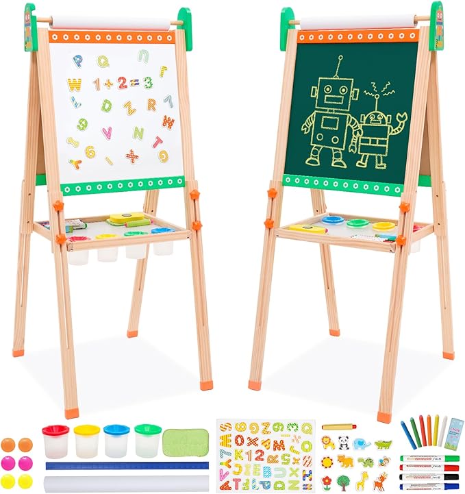 Kids Wooden Easel Foldable Double Sided Whiteboard Blackboard Children Art Easel with Storage, Height Adjustable Easel for Boys Girls Painting and Writing with Gift Packs (Green robot)