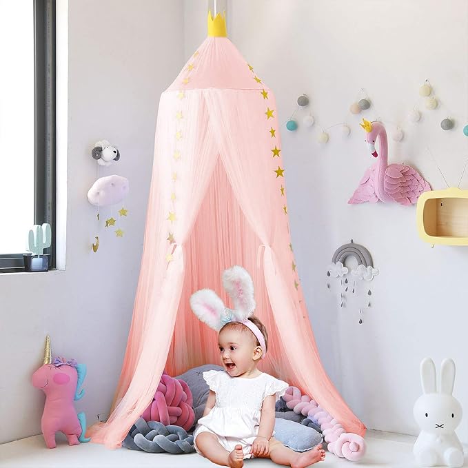 Jolitac Princess Bed Canopy for Girls Room Decor Round Lace Mosquito Net Play Tent Reading Nook Canopies Yarn Girl Dome Netting Castle (Pink)