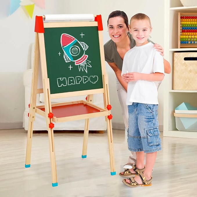 Kids Art Easel with Paper Roll Art Standing Easel Double-Sided Whiteboard & Chalkboard & Roll Paper Drawing Board Standing Easel with Accessories for Kids and Toddlers