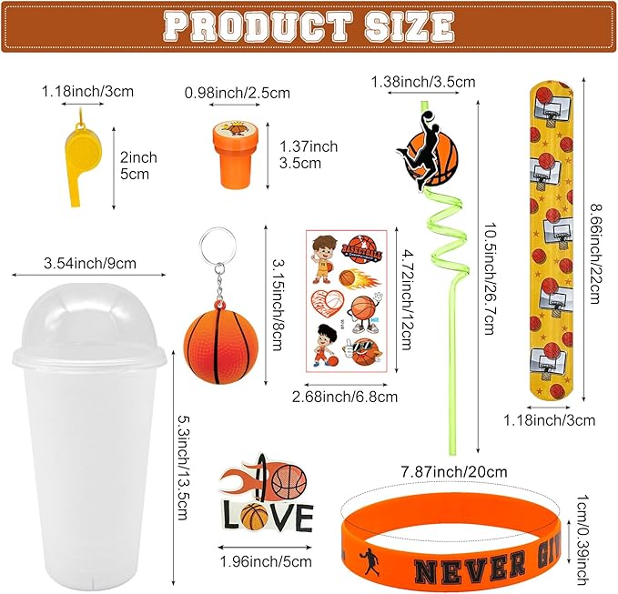 146 Pcs basketball Party Favors, Sports Party Supplies with Cup Straw Basketball Keychain Tattoo Sticker Slap Bracelet Whistle Treat Bag Fillers for Classroom Rewards Birthday Party (Basketball)