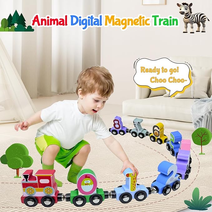 Toddlers Toy for 1 2 3 Years Old Boys Girls, 12 Magnetic Wooden Animal Digital Train Set with Storage Bag,Montessori Toys for 2-3 Years Old Toddlers, Christmas Birthday Easter Gift for Baby Toddlers