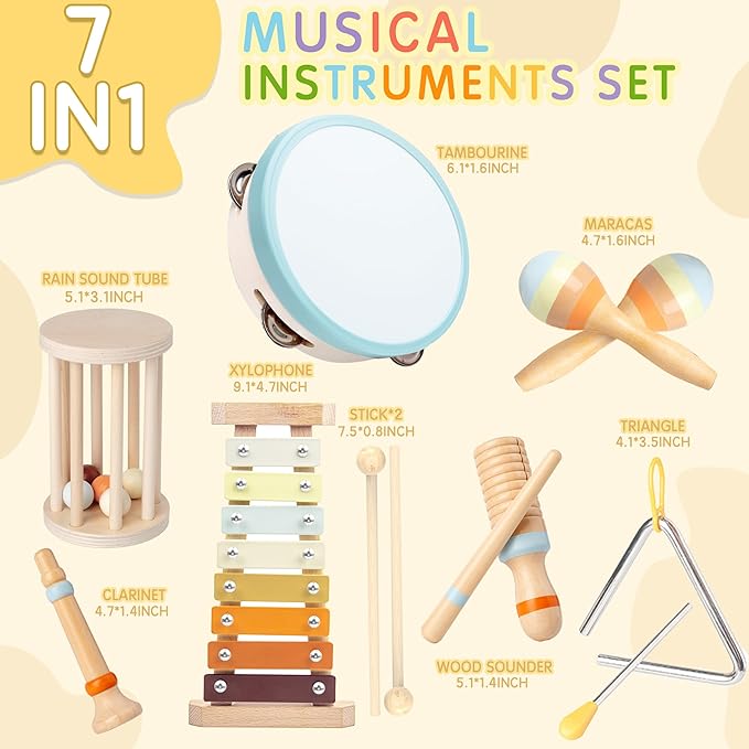 Baby Musical Instruments, Montessori Wooden Toys for Toddlers, Premium Wooden Musical Instrument Set for Kids Preschool Educational, Fun Musical Instruments for Children