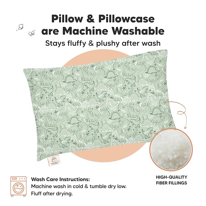 Toddler Pillow with Pillowcase - 13x18 My Little Dreamy Pillow, Organic Cotton Toddler Pillows for Sleeping, Kids Pillow, Travel Pillows, Mini Pillow, Nursery Pillow, Toddler Bed Pillow (DinoDood)