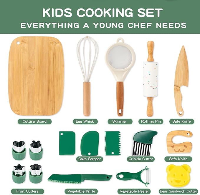 17 PCS Kids Knife Set for Real Cooking, Montessori Kitchen Tools for Toddlers, Cooking and Baking Set for Kids Little Chefs, Crinkle Cutter, Cutting Board, Safe Knife