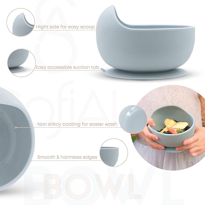 All In One Silicone Baby Feeding Set By SofiAl - Safe for 6-12 Months - Non-Toxic Baby Led Weaning Supplies - Toddler Self Feeding Utensils - BPA-Free - Mess Free Baby Feeding Essentials
