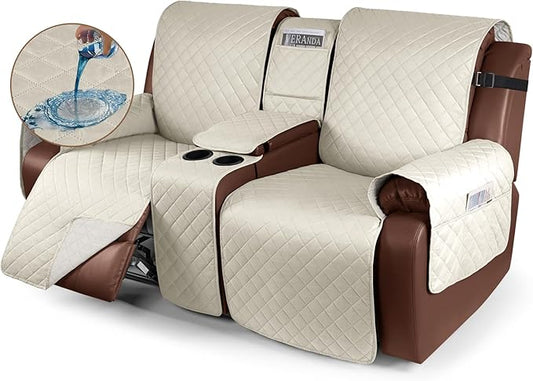 KinCam 100% Waterproof Loveseat Recliner Cover with Console, Non-Slip Reclining Couch Covers for 2 Seat, Recliner Couch Cover Furniture Protector with Elastic Straps for Kids, Pets, Ivory
