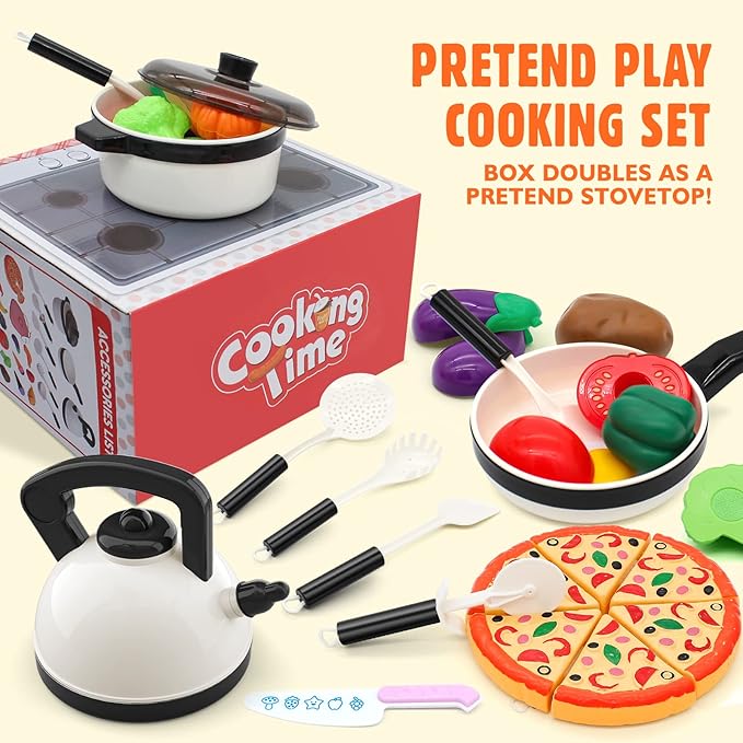 39 Items 62Pcs Play Kitchen Toy Accessories Set, Kids Kitchen Set with Play Pots and Pans, Pretend Play Food, Cooking Utensils, Apron, Toddler Kitchen Playset Kids Girls Boys Age 3+…