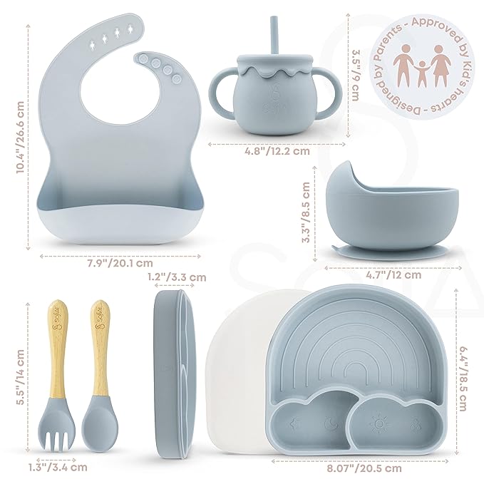 All In One Silicone Baby Feeding Set By SofiAl - Safe for 6-12 Months - Non-Toxic Baby Led Weaning Supplies - Toddler Self Feeding Utensils - BPA-Free - Mess Free Baby Feeding Essentials