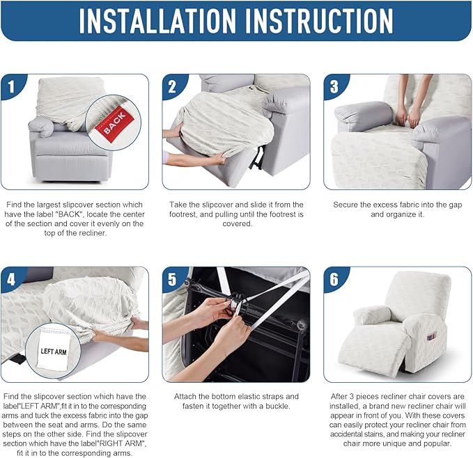 TAOCOCO Oversized Recliner Cover Stretch Recliner Chair Covers, Jacquard Reclining Chair Cover, Furniture Protector Sofa Slipcovers Couch Covers with Elastic Bottom for Kids, Pets(Cream White)