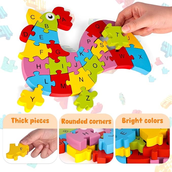 LovesTown Wooden Alphabet Puzzle for Kids, Educational Rooster Shape Letter Learning Blocks, 26 Pieces