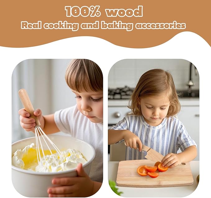 Kids Knife Set for Real Cooking, 8 PCs Kids Cooking Sets for Little Chef, Nature Wood Utensil