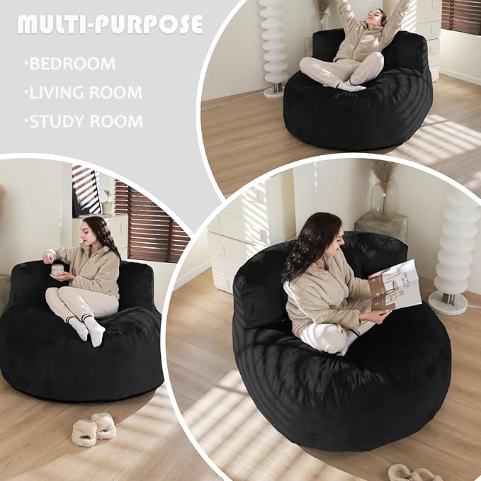 WhatsBedding 5FT Bean Bag Chair for Adults,Kids & Teenagers Bean Bags Giant with Memory Foam Filled,Beanbag Chairs Large Sofa with Dutch Velvet Cover(Black,Large,Back Support)