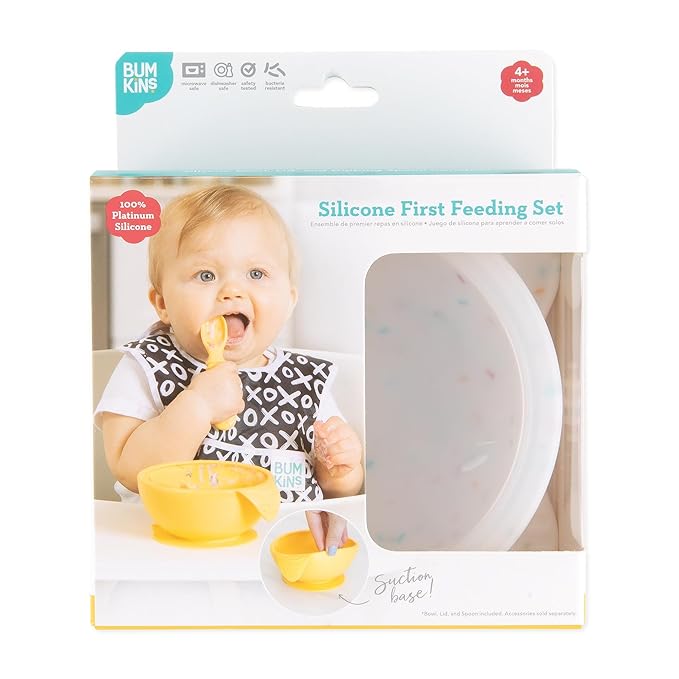 Bumkins Baby Bowls, Silicone Baby Feeding Set, Suction Bowls for Baby and Toddler with Spoon and Lid, First Feeding Set, Platinum Silicone Bowl for Babies 4 Months