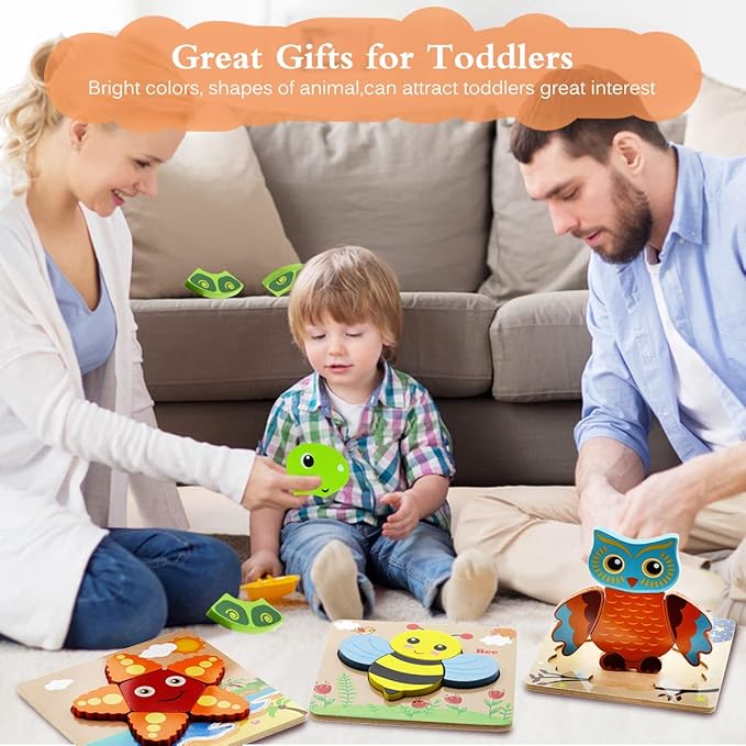 Montessori Toys for 1 2 3 Year Old Boys Girls Wooden Toddler Puzzles Kids Infant Baby Educational Learning Toys for Toddlers 1-3 Gifts 6 Animal Shape Jigsaw Eco Friendly Travel STEM Building Toy Games
