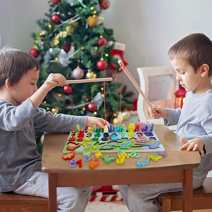 Glintoper Christmas Wooden Gift for Toddlers, Number Puzzle & Sorting and Stacking Toys Set for Kids 2 3 4 5, Montessori Magnetic Fishing Game, Shape Sorter Color Stacker Preschool Activities Gifts