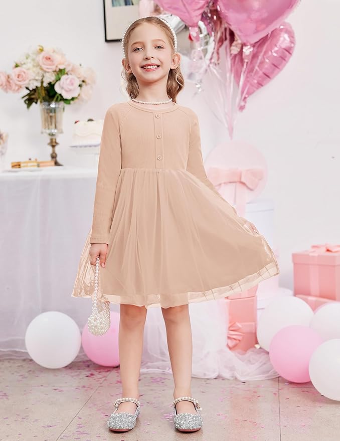 Arshiner Toddler Girls Tutu Dress Long Sleeve Fall Winter Button Front Party Tulle Dresses 2-8Y