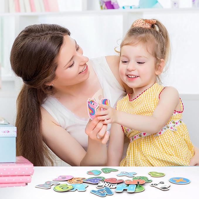 41 Pieces Wooden Thick Alphabet Magnets for Toddlers Fridge, Large Cute Animal Colorful ABC 26 Uppercase Letters, 10 Numbers Magnetic Alphabet Educational Toy Set for Kids Preschool Learning Spelling