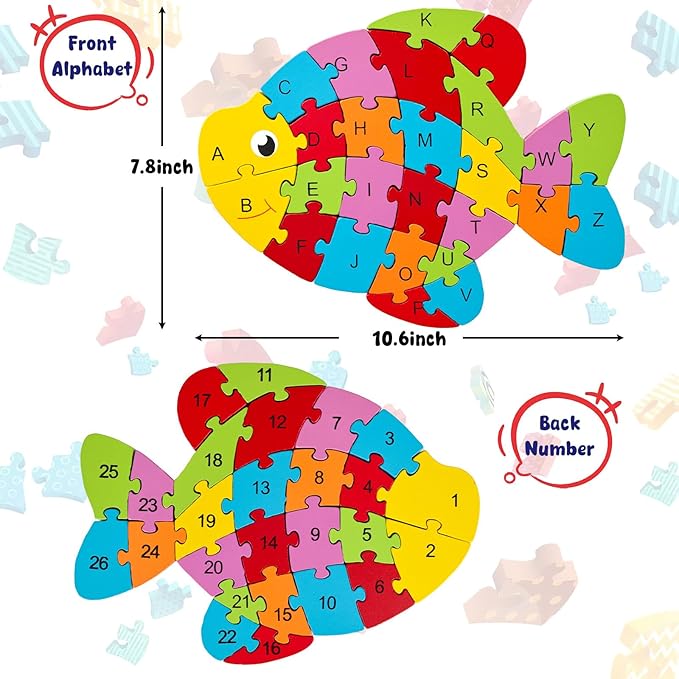 LovesTown Goldfish Wooden Puzzle, 26PCS Jigsaw Puzzle Alphabet and Number Building Blocks for Kids Toddler Preschool