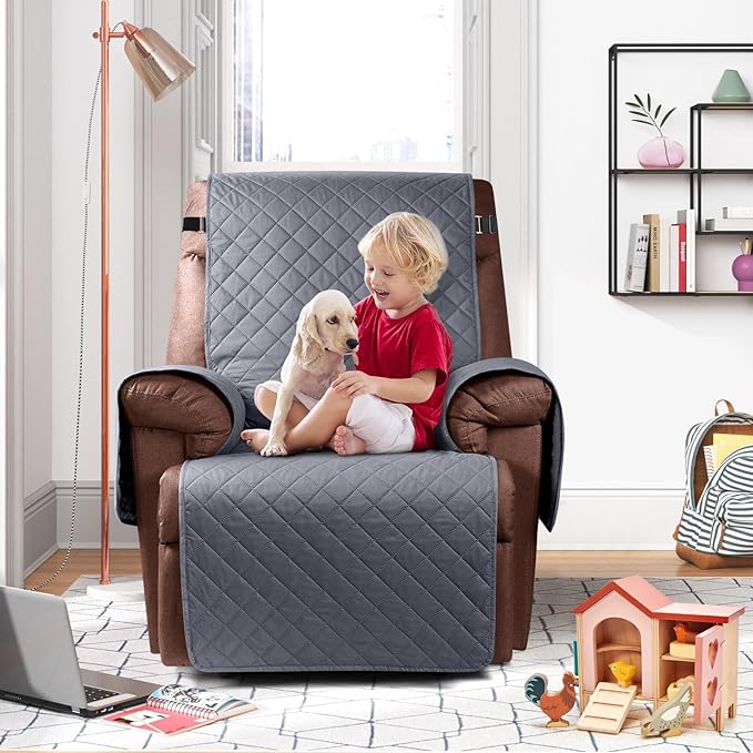 KinCam 100% Waterproof Recliner Chair Cover, Reclining Couch Covers for Pets, Dogs, Recliner Couch Slipcover Furniture Protector with Elastic Straps for Kids(23.6", Dark Gray)