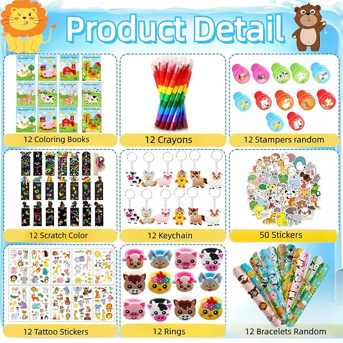 146Pcs Farm Animals Coloring Books with Crayons Bulk Party Favors for Toddlers Kids 3-5 4-8 Tattoo Stickers Stamper Slap Bracelets School Classroom Reward Gift Goodie Bags Birthday Supplies