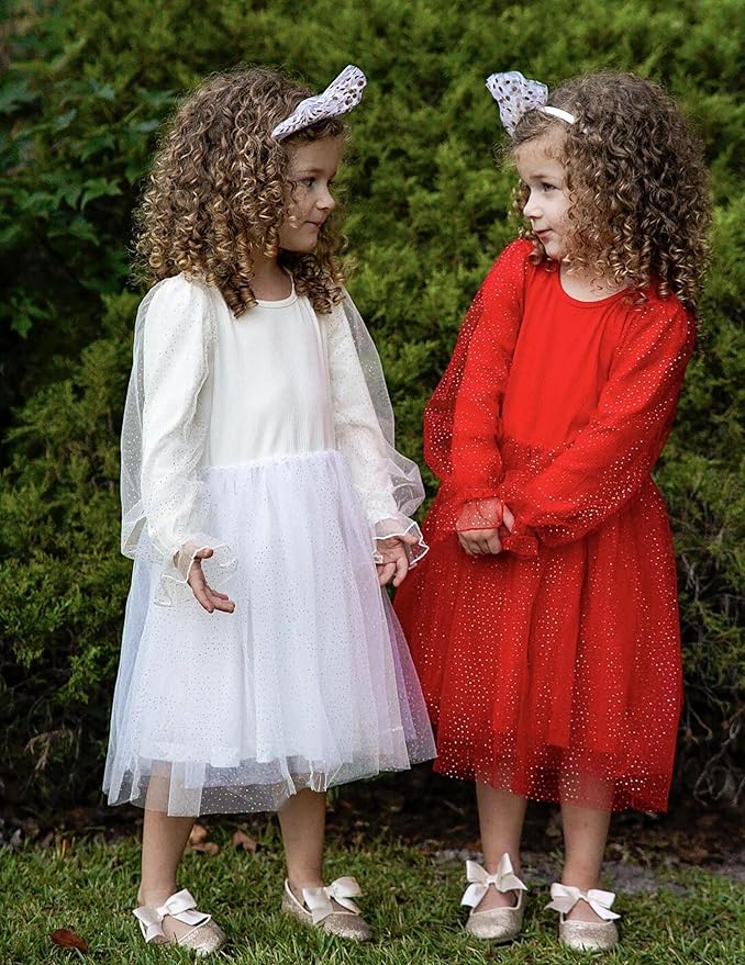 Arshiner Toddler Christmas Dress Girls Sequin Tulle Puff Long Sleeves Tutu Dress Princess Birthday Party Clothes 1-6T